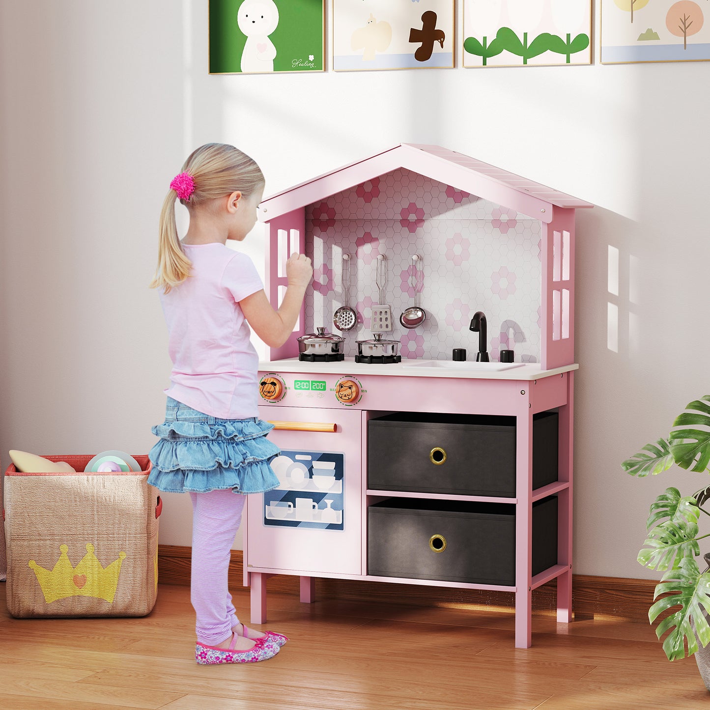 Kids Play Kitchen with 2 Stoves and Drawers and Dishwasher-Pink