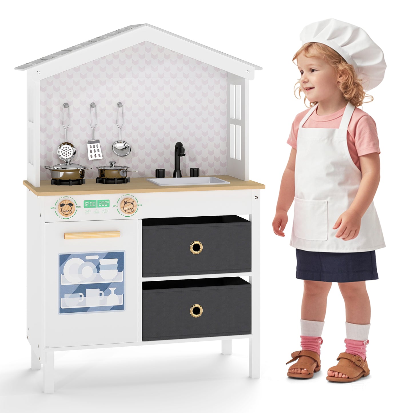 Kids Play Kitchen with 2 Stoves and Drawers and Dishwasher-White