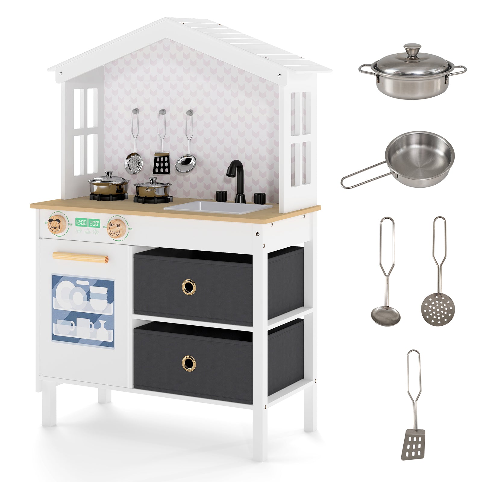 Kids Play Kitchen with 2 Stoves and Drawers and Dishwasher-White
