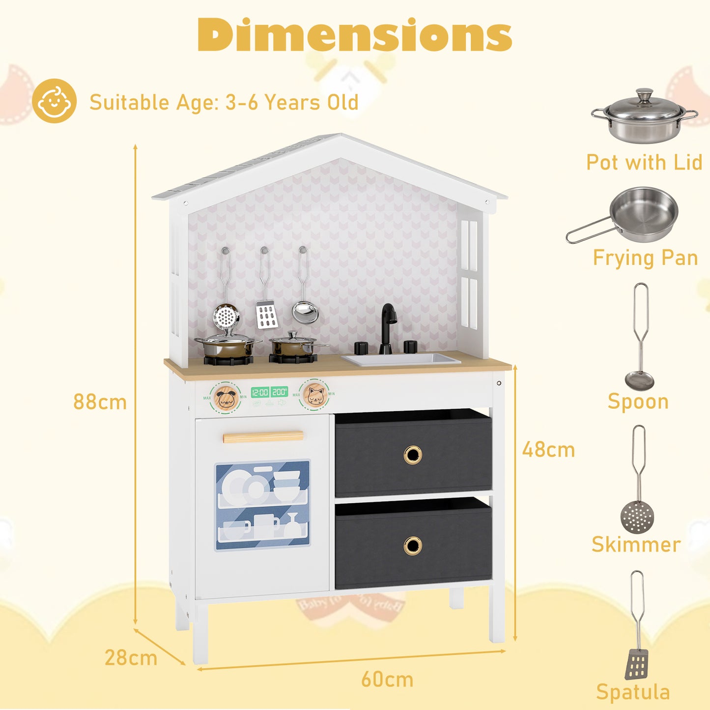Kids Play Kitchen with 2 Stoves and Drawers and Dishwasher-White