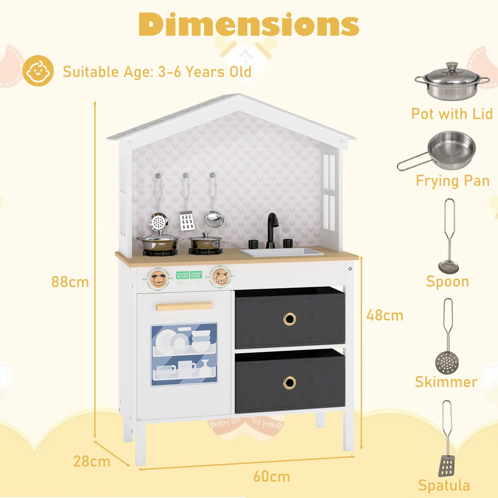 Kids Play Kitchen with 2 Stoves and Drawers and Dishwasher-White