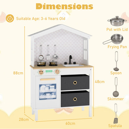 Kids Play Kitchen with 2 Stoves and Drawers and Dishwasher-White