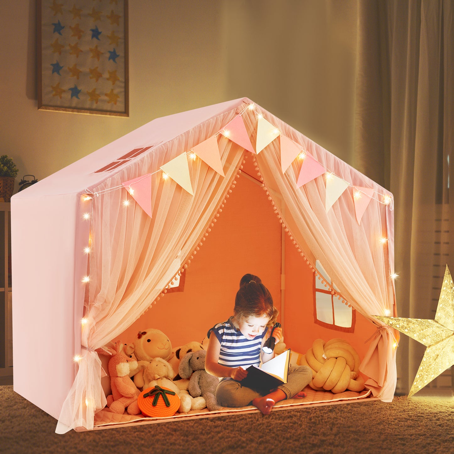 Kids Play Tent 3-4 Kids Large Play Tent House with Fabric and Screen Curtains-Pink