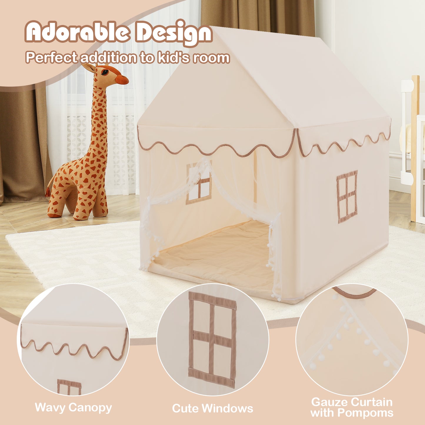 Kids Play Tent with Padded Mat Indoor Playhouse-Beige