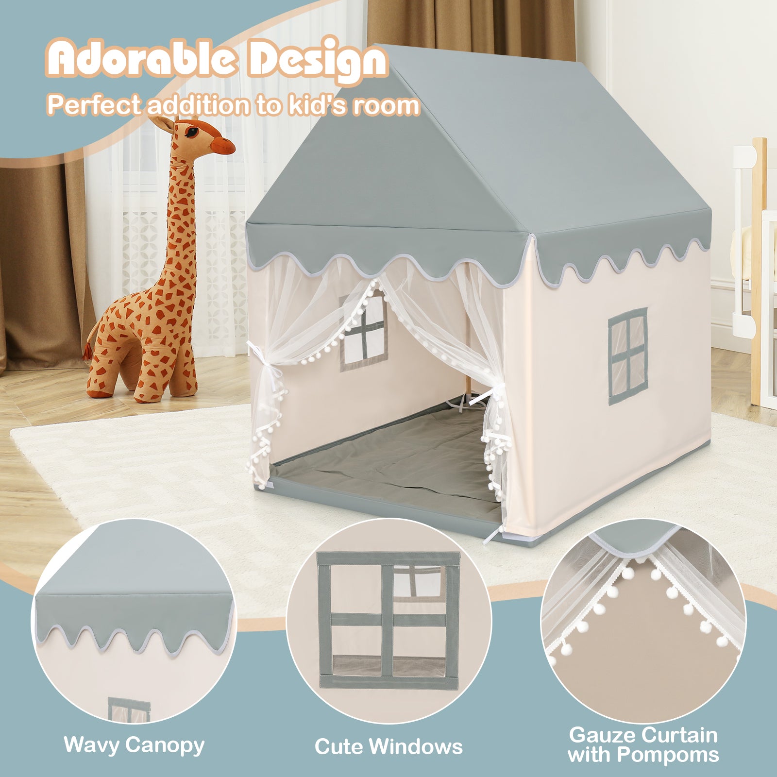 Kids Play Tent with Padded Mat Indoor Playhouse-Beige & Grey