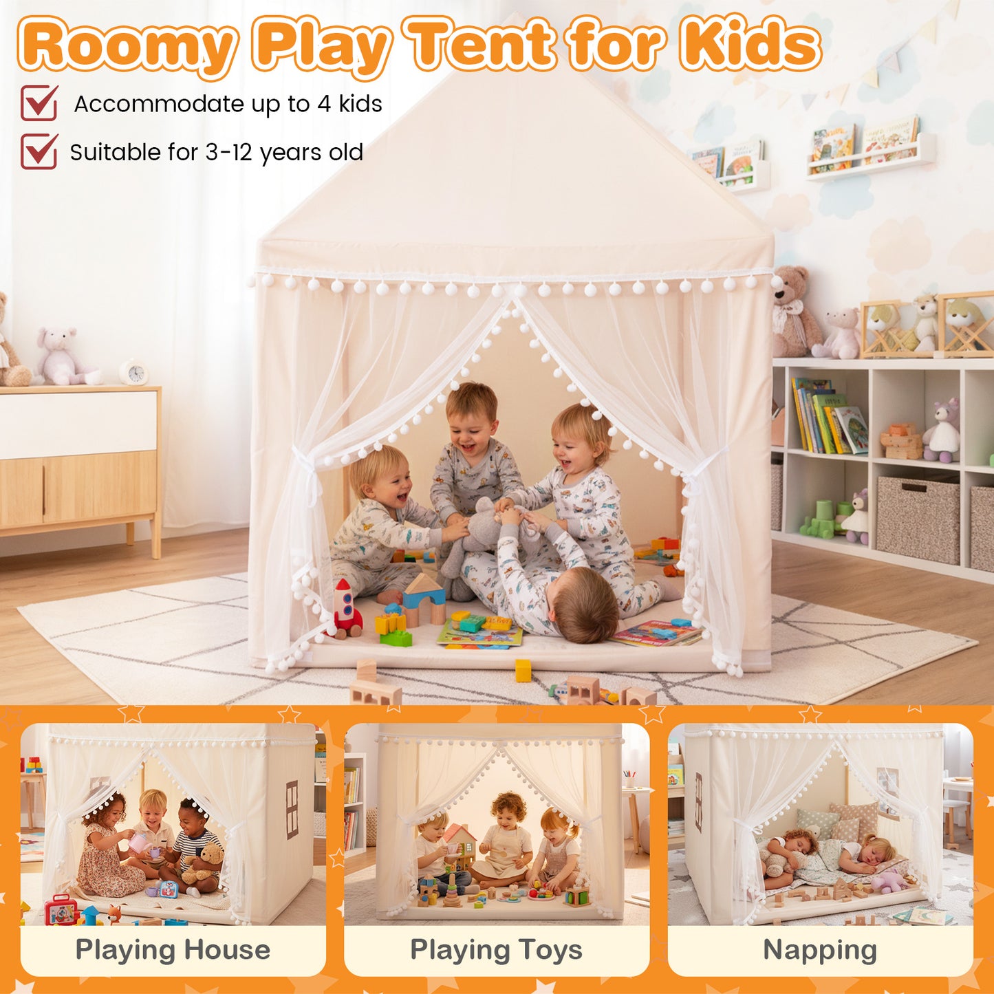 Kids Play Tent with Soft Sponge Padded Mat and Solid Wood Frame-Beige