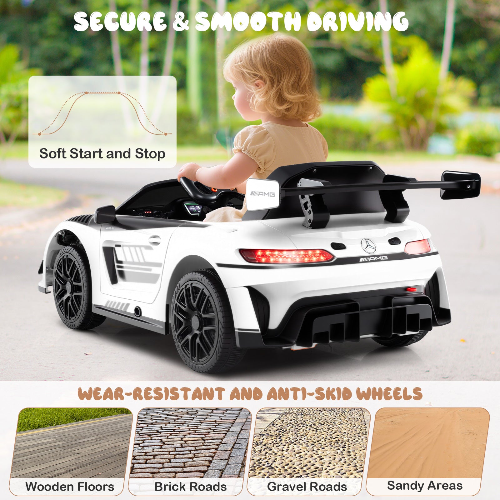 12V Kids Powered Ride on Car Benz GT3 with Spoiler and Remote Control-White