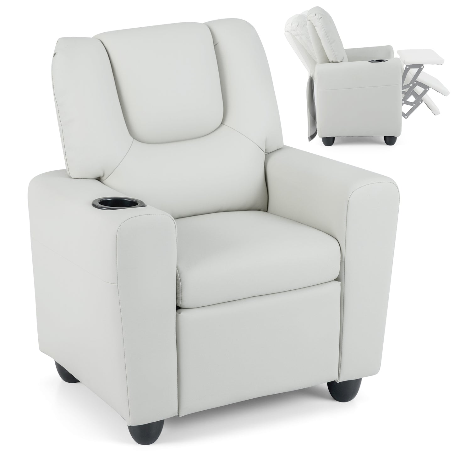 Kids Recliner with Cup Holder PU Leather Kids Reclining Chair-Beige