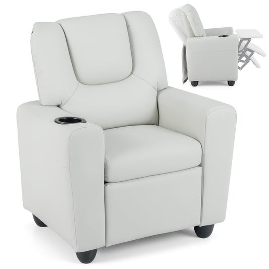 Kids Recliner with Cup Holder PU Leather Kids Reclining Chair-Beige