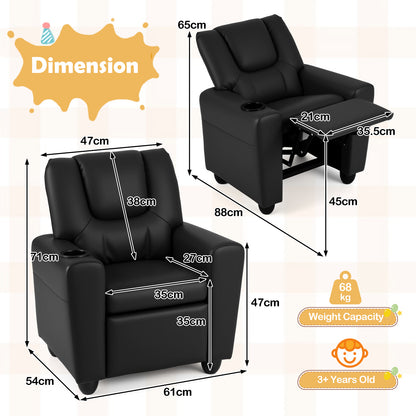 Kids Recliner with Cup Holder PU Leather Kids Reclining Chair-Black