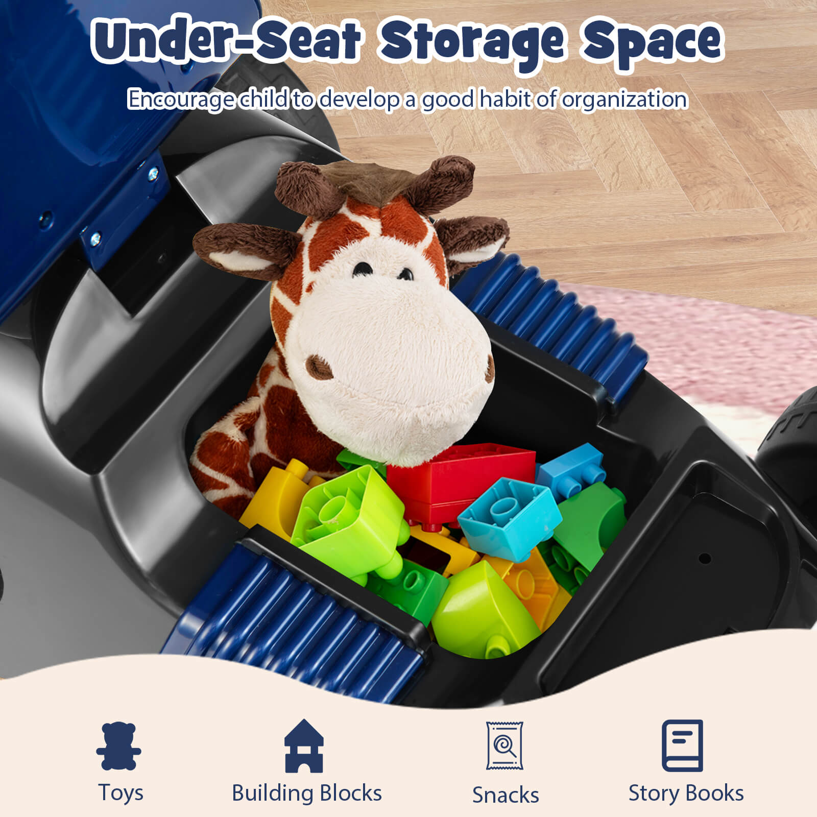 Kids Ride On Car Sliding Toy with Music and Cool Rear Wings-Black &amp; Blue