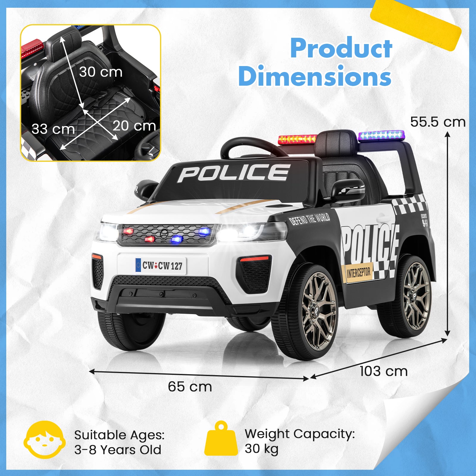 12V Kid Ride on Police Car with Remote Control for Children-White