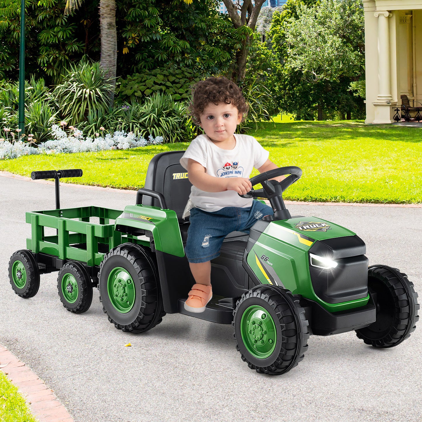 Kids Ride on Tractor 12V Electric Vehicle with Detachable Trailer and Remote Control-Dark Green