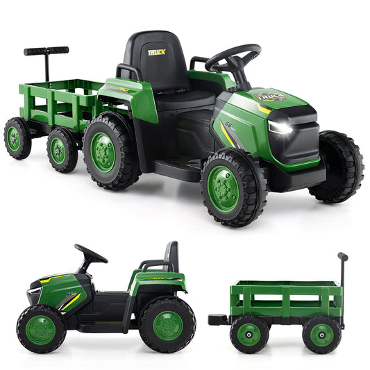 Kids Ride on Tractor 12V Electric Vehicle with Detachable Trailer and Remote Control-Dark Green