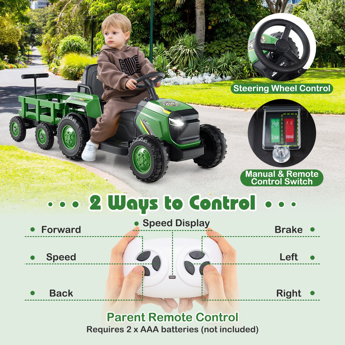 Kids Ride on Tractor 12V Electric Vehicle with Detachable Trailer and Remote Control-Dark Green
