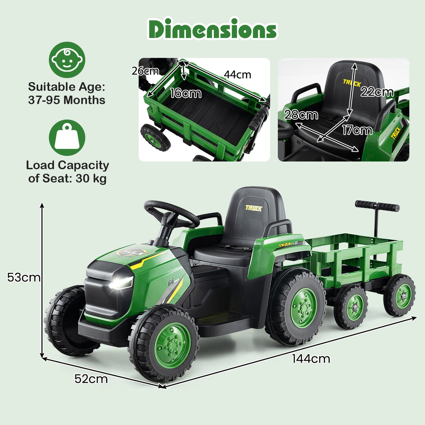 Kids Ride on Tractor 12V Electric Vehicle with Detachable Trailer and Remote Control-Dark Green