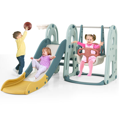 4-in-1 Kids Slide and Swing Set Freestanding Baby Slide Playset-Green