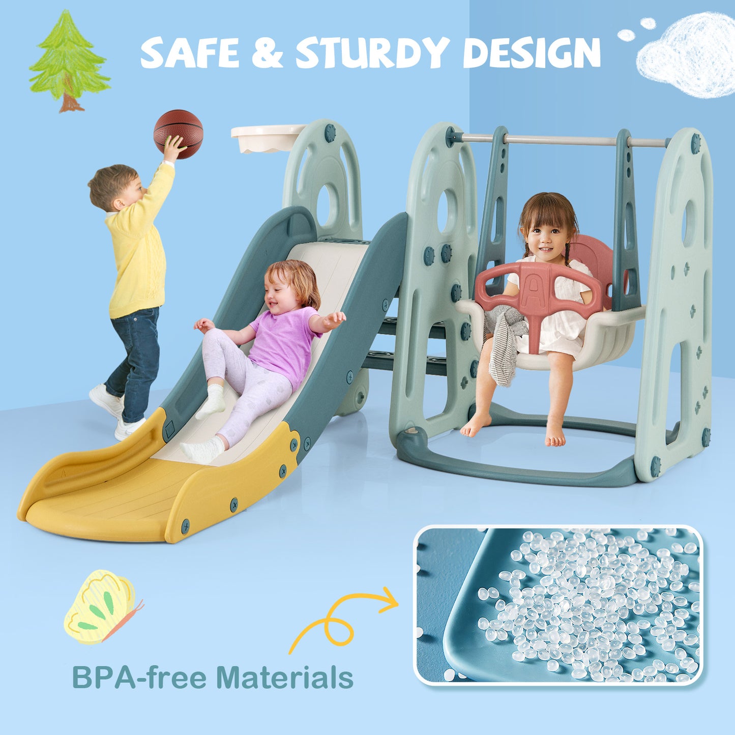 4-in-1 Kids Slide and Swing Set Freestanding Baby Slide Playset-Green