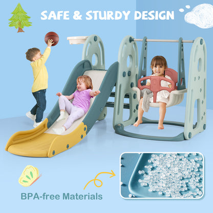 4-in-1 Kids Slide and Swing Set Freestanding Baby Slide Playset-Green