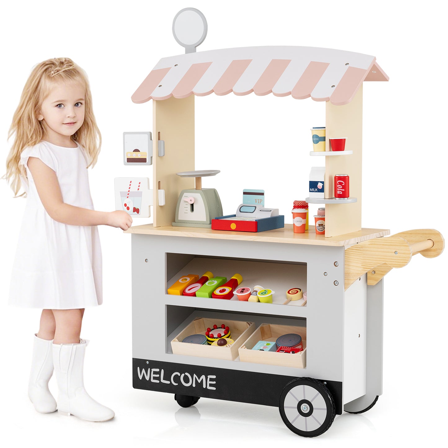 Kids Snacks and Sweets Food Cart Toy Cart Play Set with POS Machine-Grey