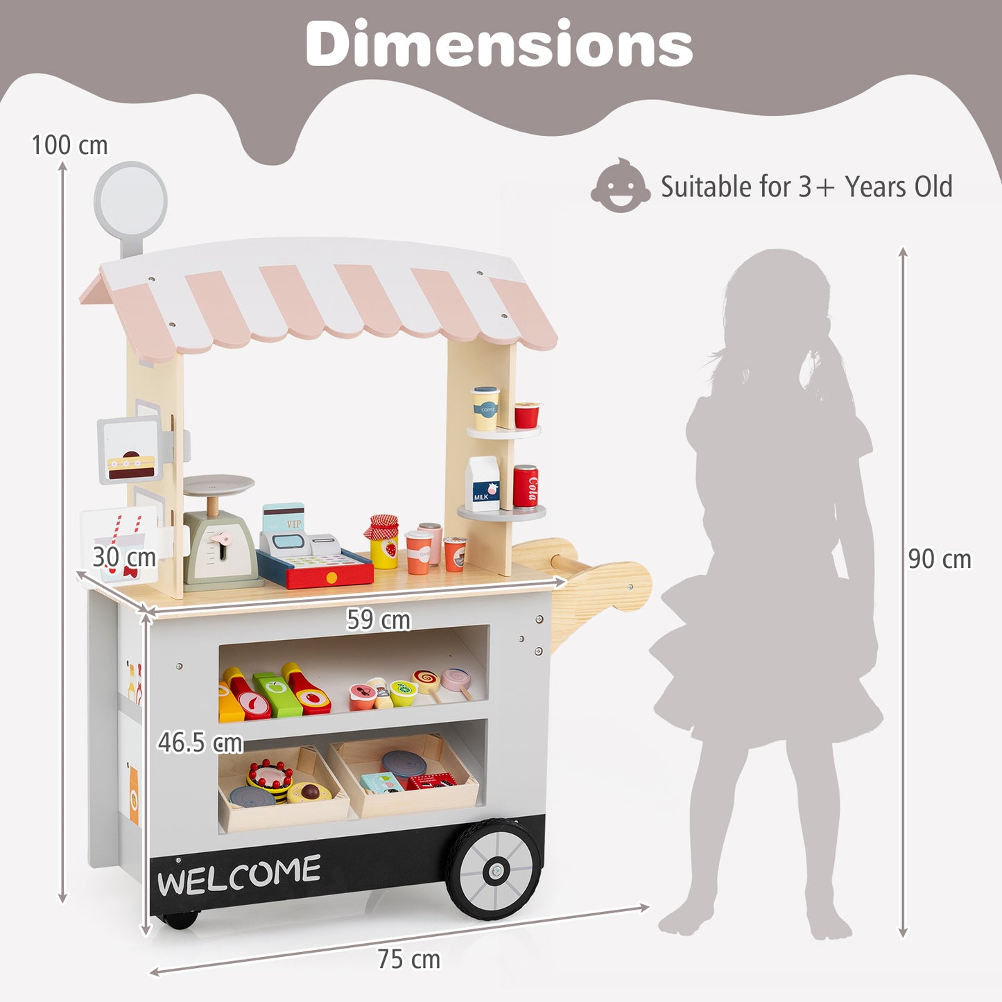 Kids Snacks and Sweets Food Cart Toy Cart Play Set with POS Machine-Grey