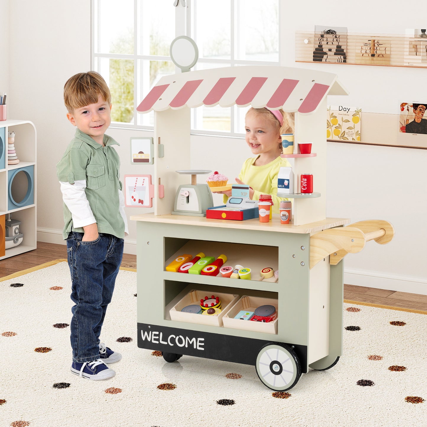 Kids Snacks and Sweets Food Cart Toy Cart Play Set with POS Machine-Green
