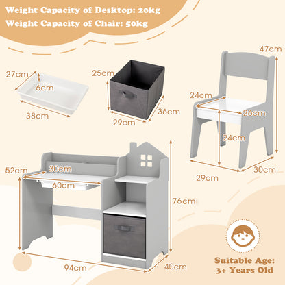 Kids Study Desk and Chair Set Children Study Table with Open Shelves-Grey