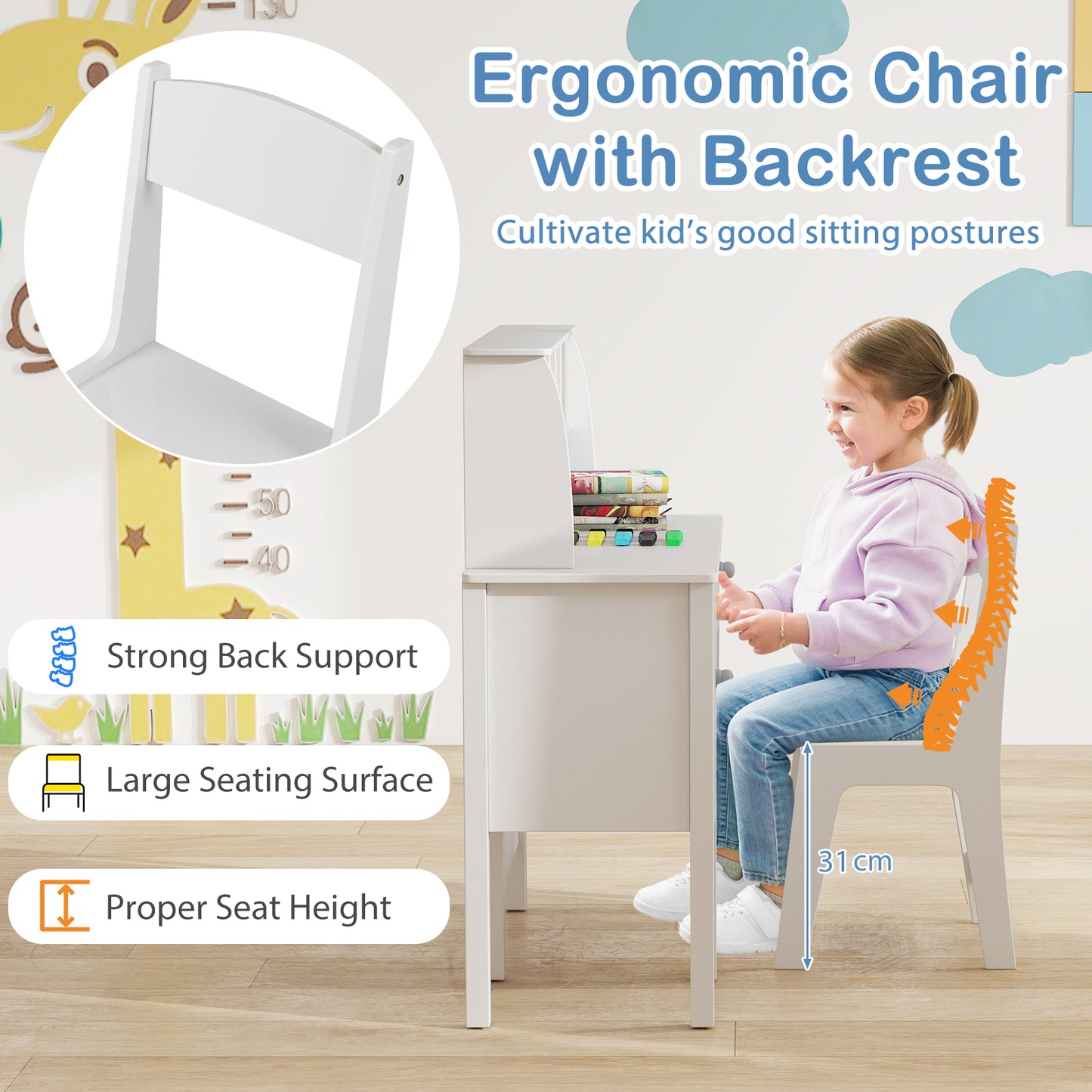 Kids Study Desk and Chair Set with Hutch and Storage Cabinet-White