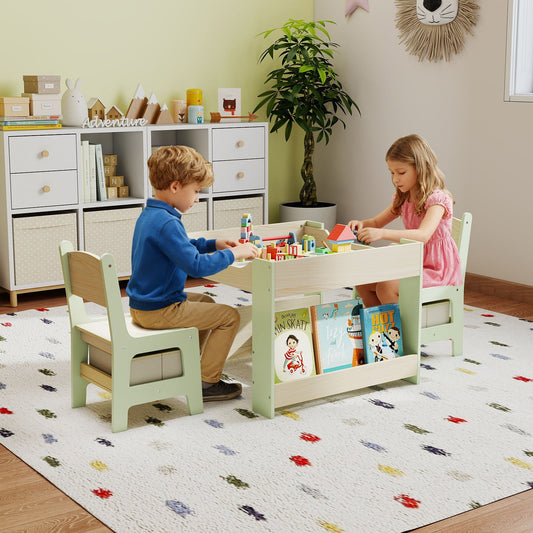 4 in 1 Kids Table and Chairs Set with Reversible Tabletop and Bookshelves-Green