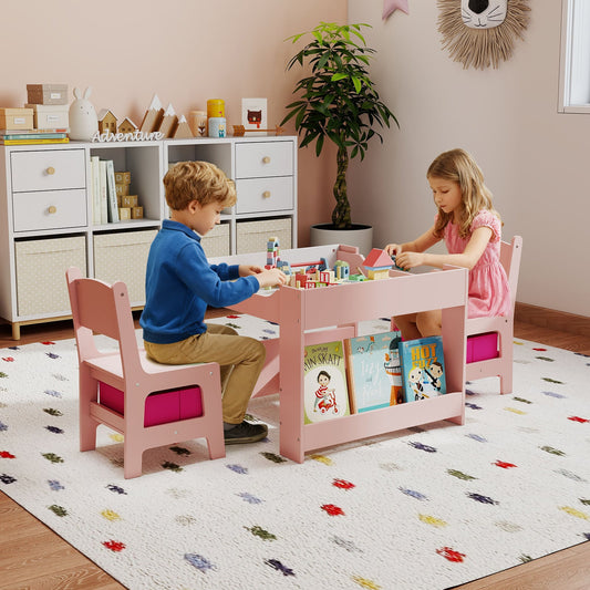 4 in 1 Kids Table and Chairs Set with Reversible Tabletop and Bookshelves-Pink