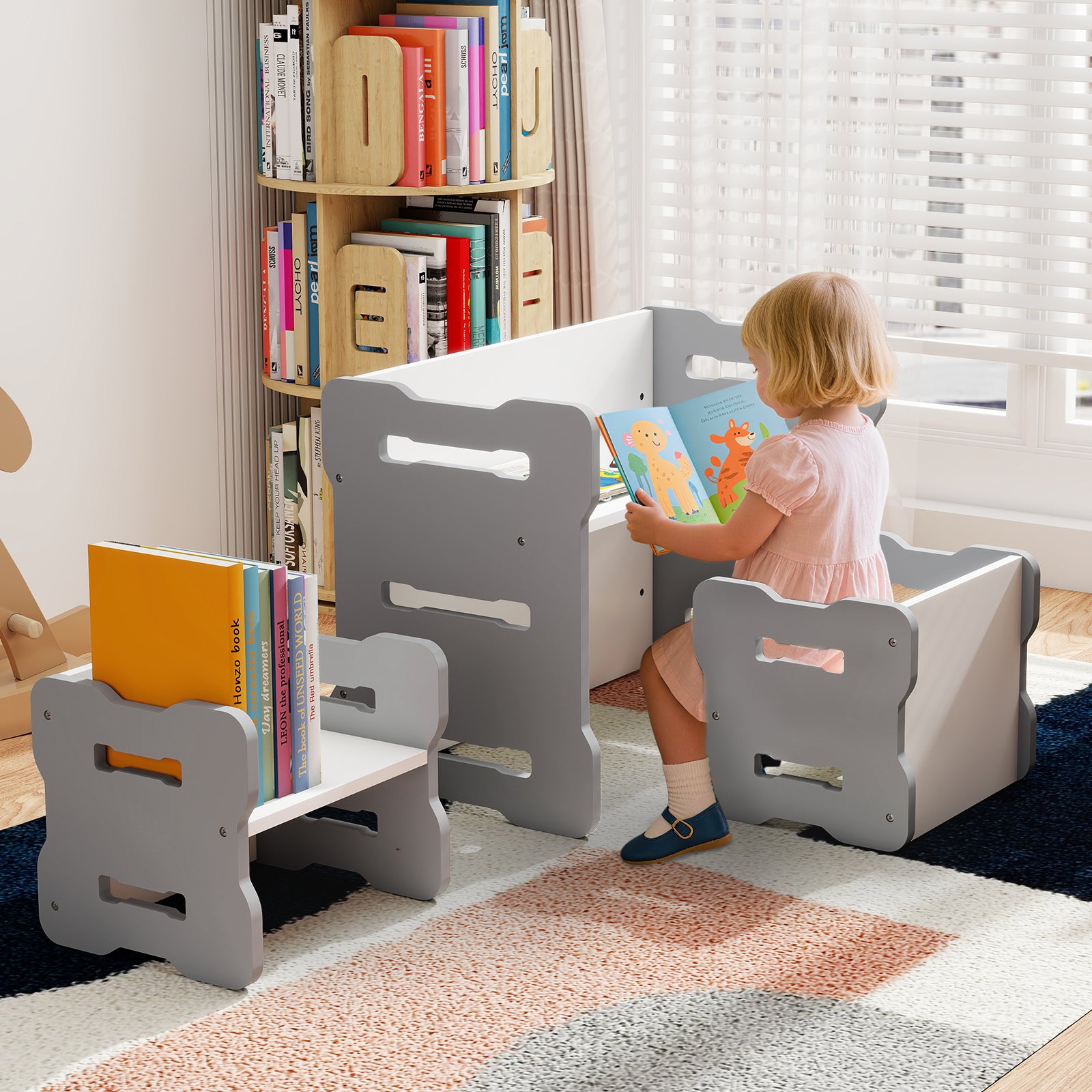 Kids Table and Chair Set 3-Piese Toddler Set with 2 Stools and Activity Table-Grey