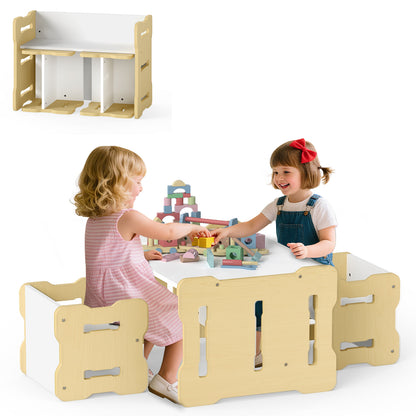 Kids Table and Chair Set 3-Piese Toddler Set with 2 Stools and Activity Table-Natural