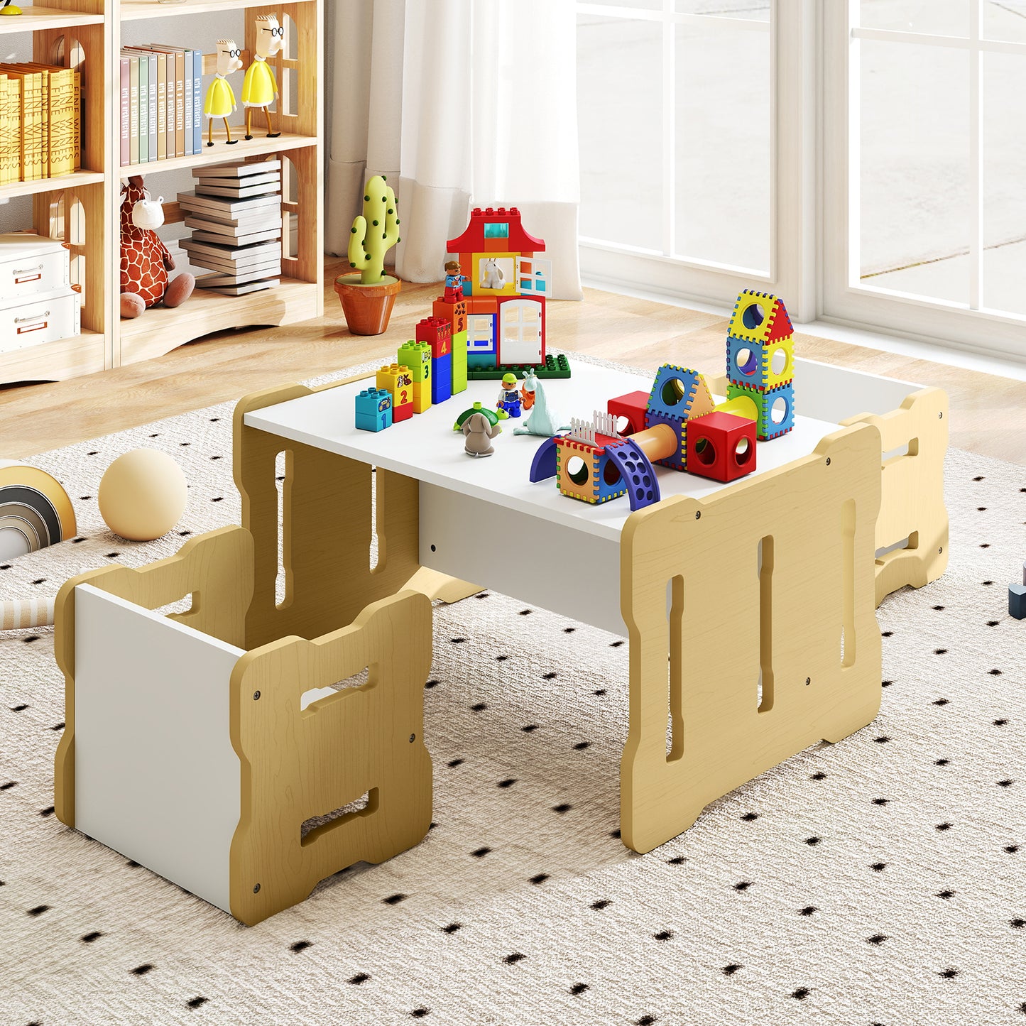 Kids Table and Chair Set 3-Piese Toddler Set with 2 Stools and Activity Table-Natural