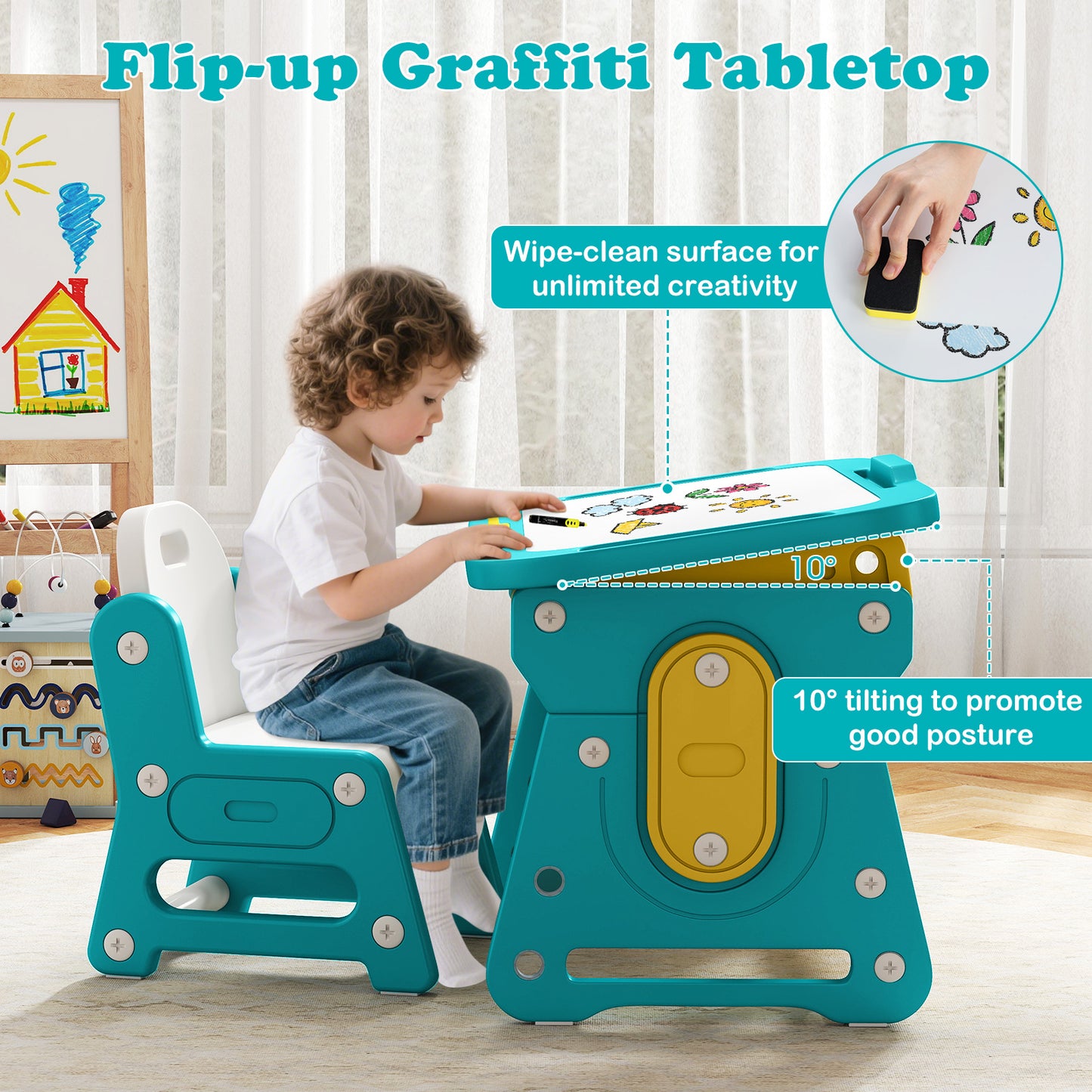 Kids Table and Chair Set with Tiltable Whiteboard and Book Stand-Yellow