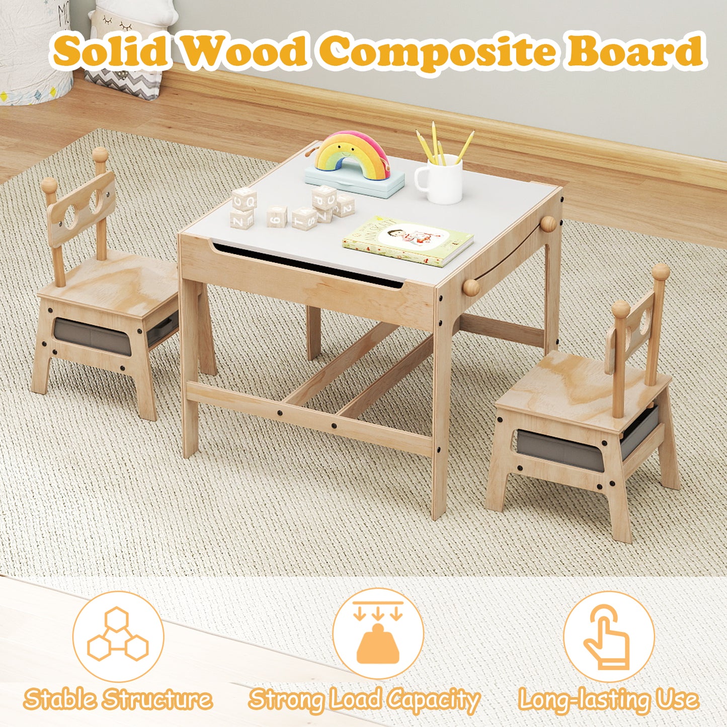 Kids Table and Chairs 4 in 1 Wooden Activity Desk Set (Robot Shape)-Grey