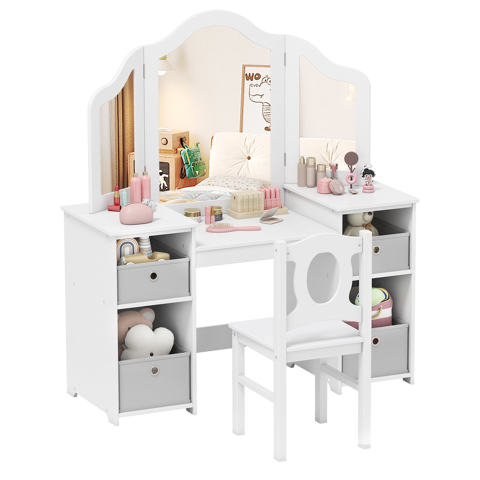 Kids Vanity Desk and Chair 2 in 1 Toddler Makeup Pretend Play Table-Gray & White