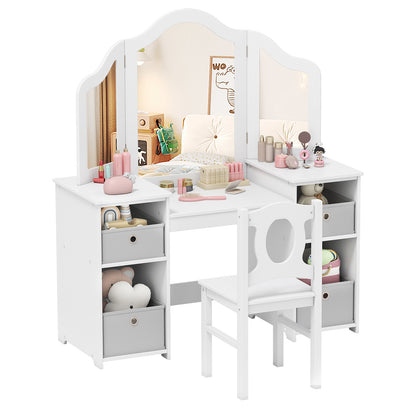 Kids Vanity Desk and Chair 2 in 1 Toddler Makeup Pretend Play Table-Gray & White