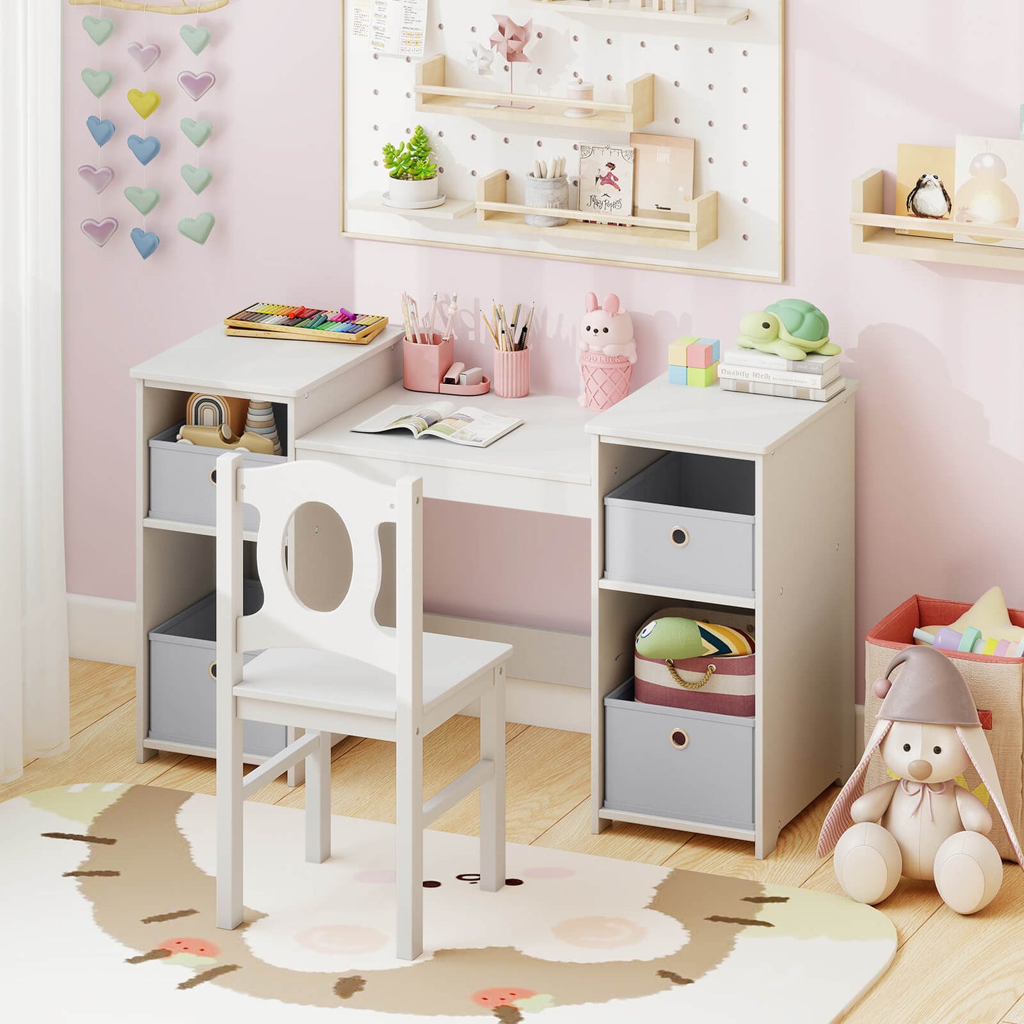Kids Vanity Desk and Chair 2 in 1 Toddler Makeup Pretend Play Table-Gray & White