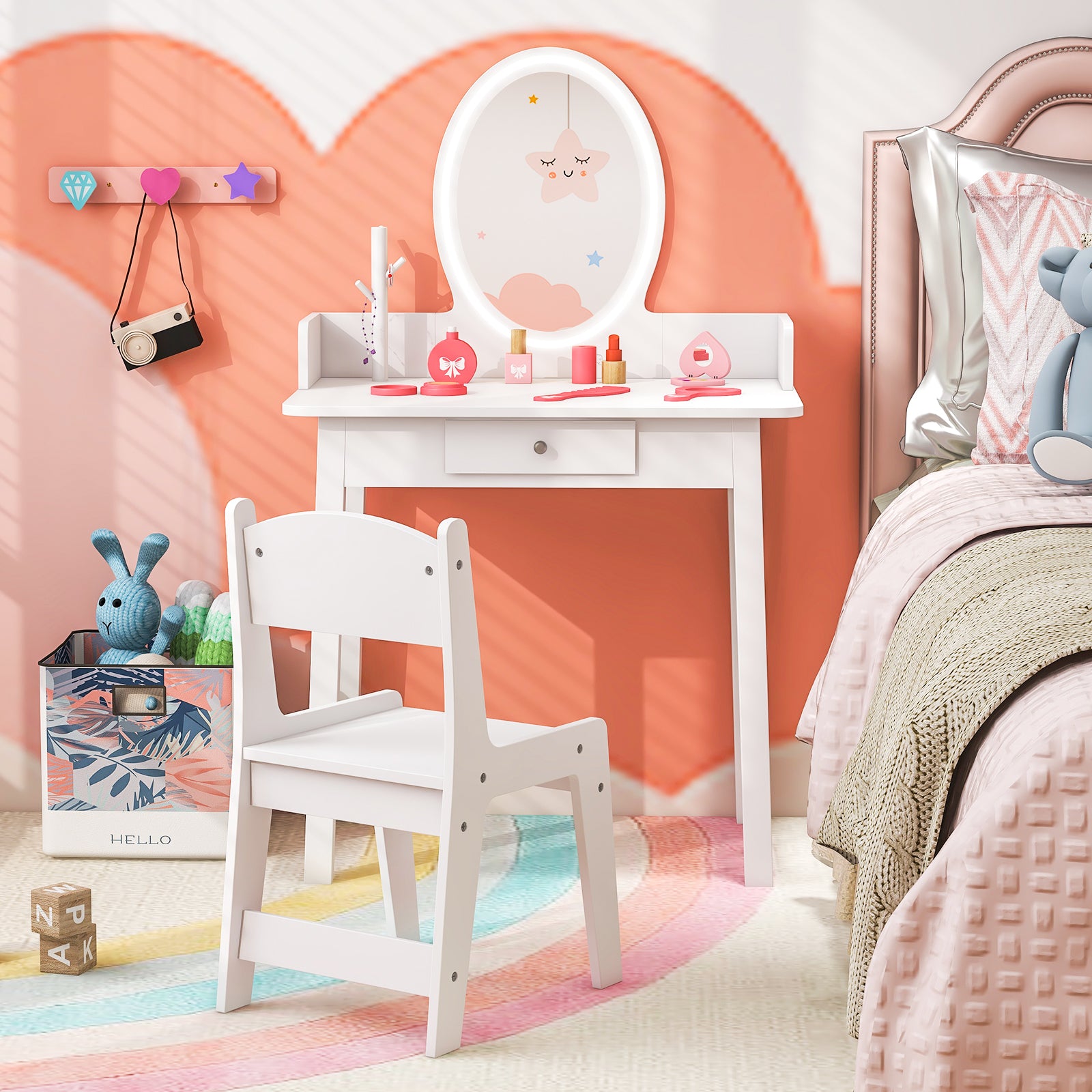 Kids Vanity Set Makeup Beauty Dressing Table and Chair with Lighted Mirror-White