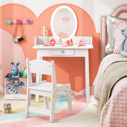 Kids Vanity Set Makeup Beauty Dressing Table and Chair with Lighted Mirror-White