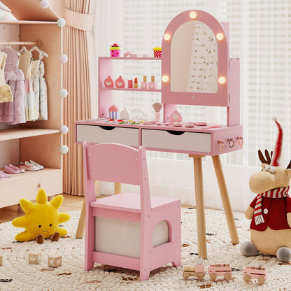 Kids Vanity Set Pretend Play Dressing Table Set with 3-Color Lighting Modes-Pink