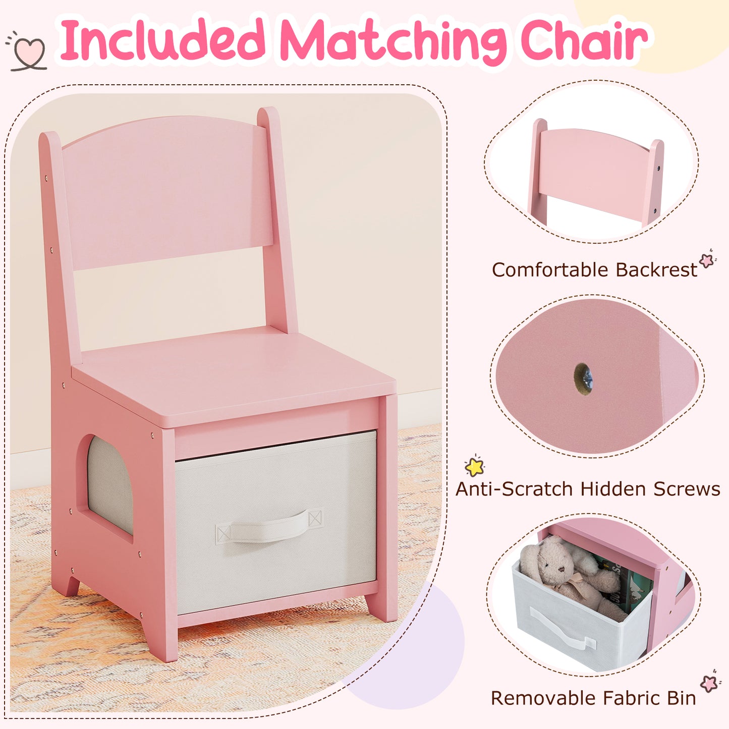Kids Vanity Set Pretend Play Dressing Table Set with 3-Color Lighting Modes-Pink