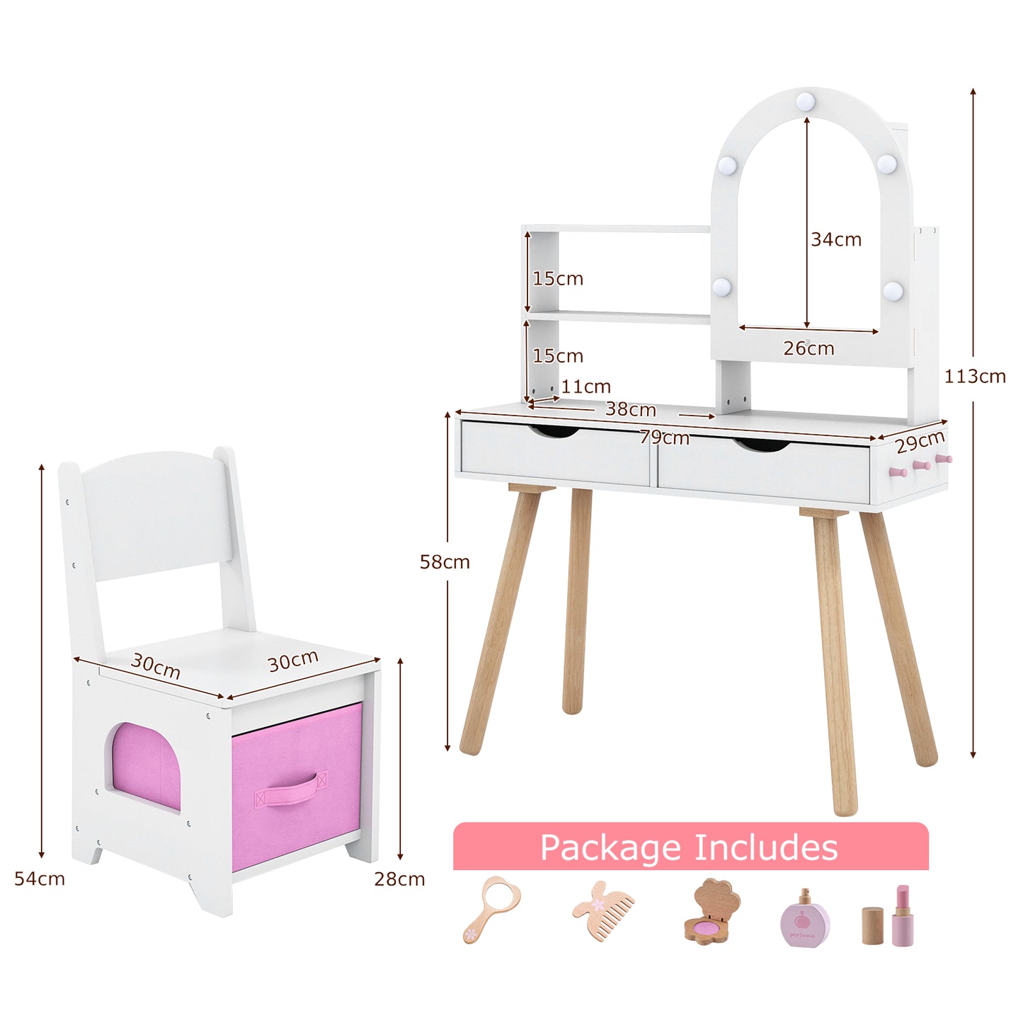 Kids Vanity Set Pretend Play Dressing Table Set with 3-Color Lighting Modes-White