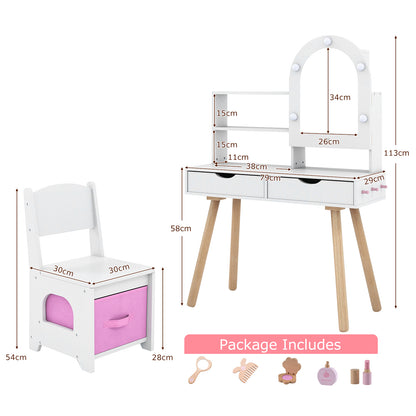 Kids Vanity Set Pretend Play Dressing Table Set with 3-Color Lighting Modes-White