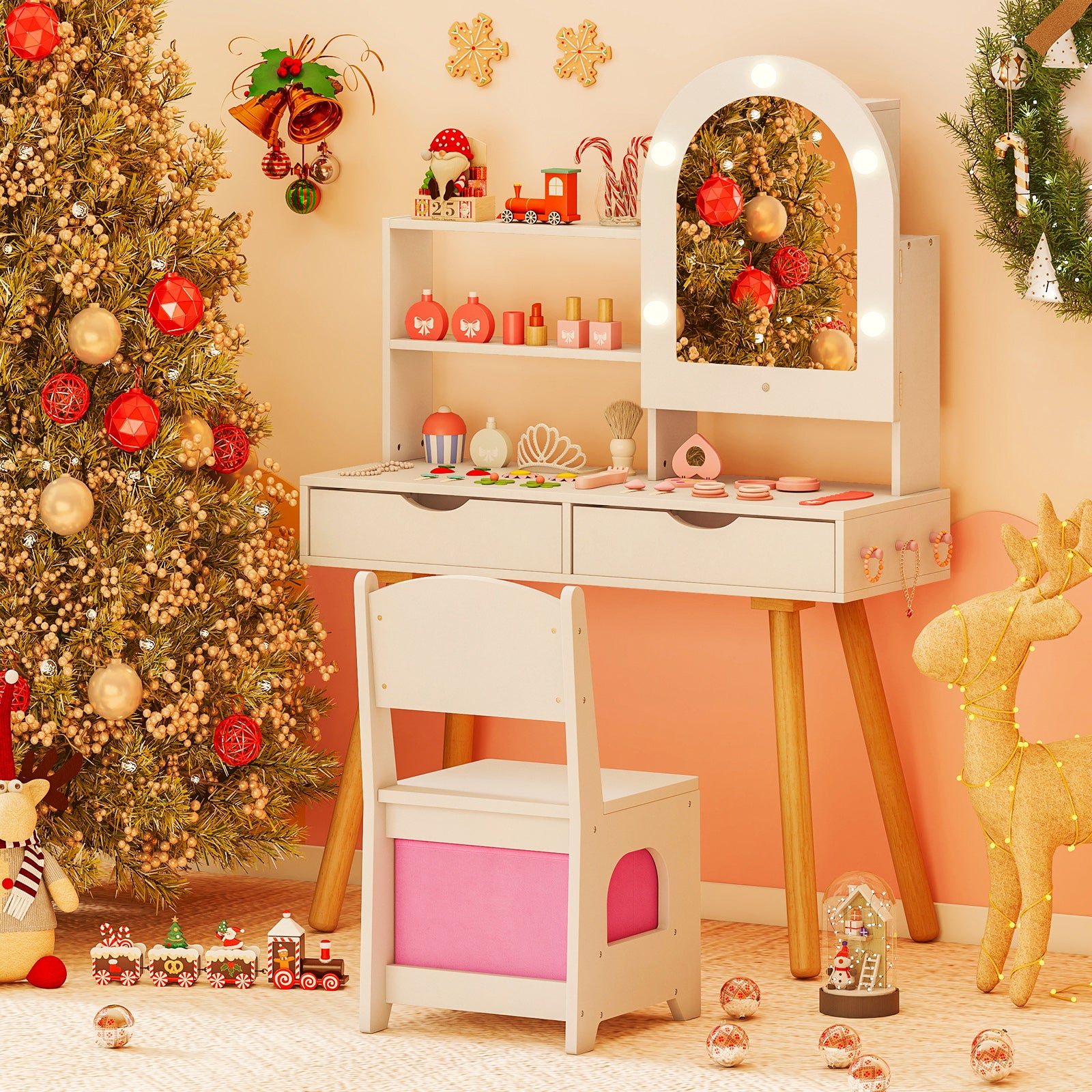 Kids Vanity Set Pretend Play Dressing Table Set with 3-Color Lighting Modes-White