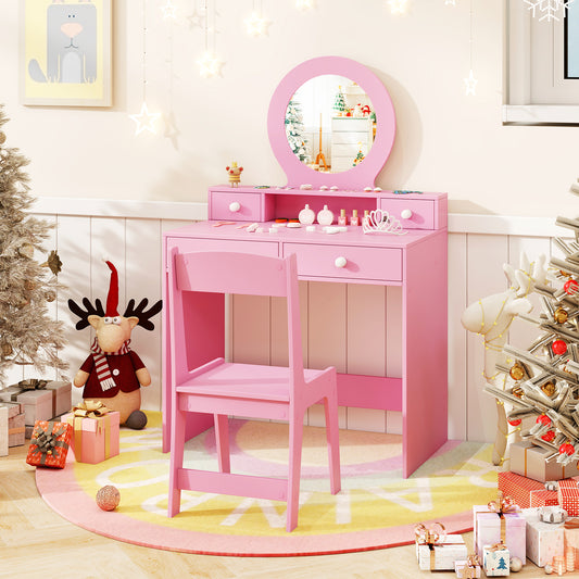 Kids Vanity Set with Open Shelf and 4 Storage Drawers-Pink