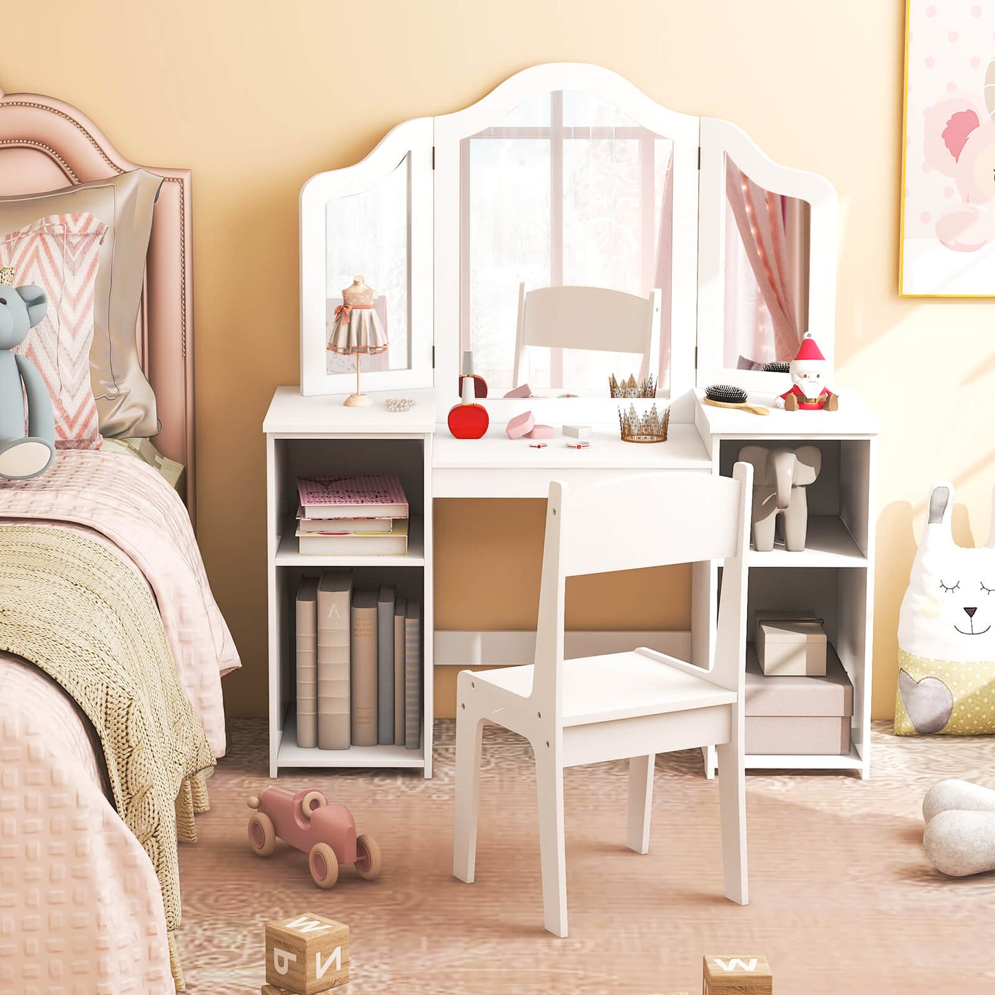 Kids Vanity Set with Tri-Folding Detachable Mirror-White