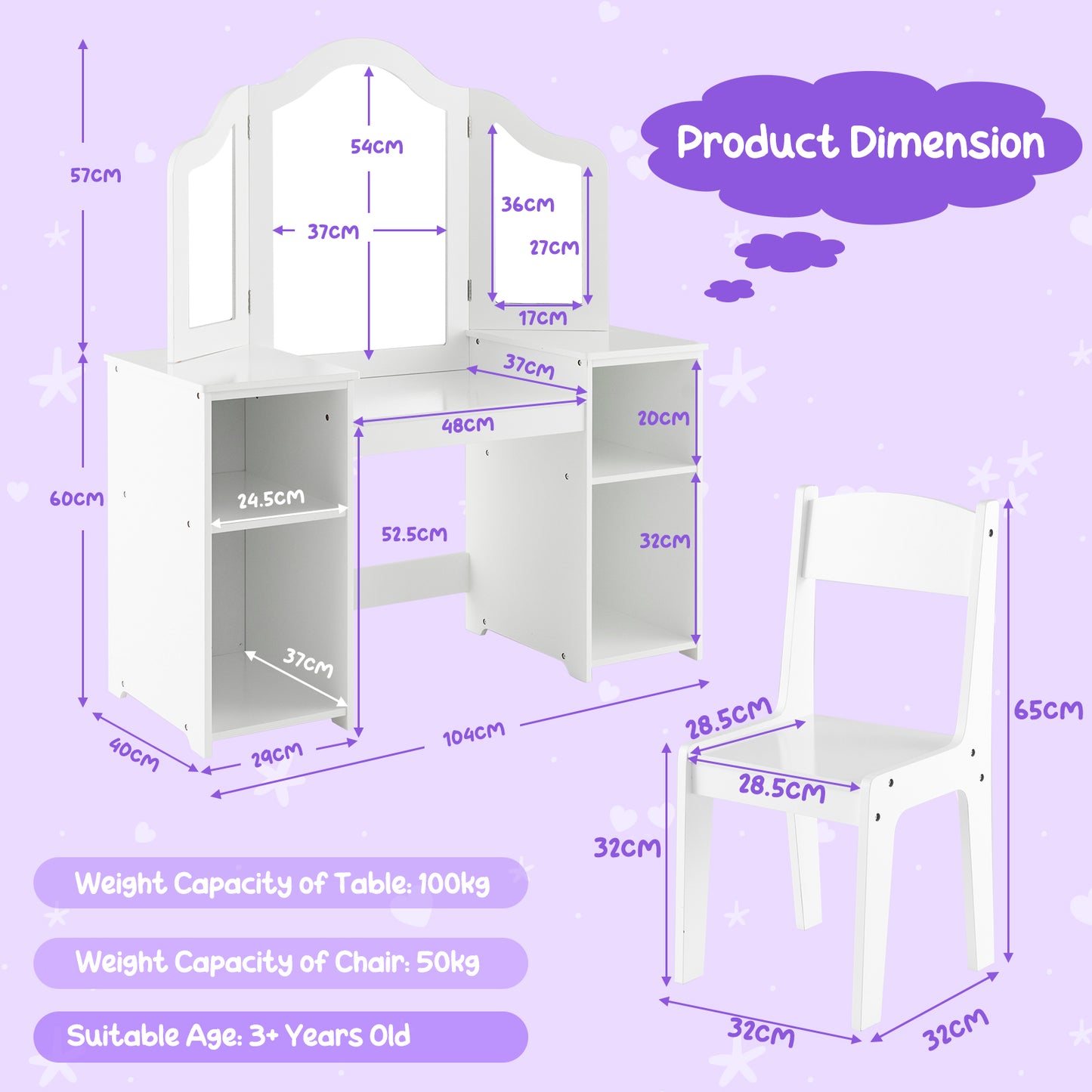 Kids Vanity Set with Tri-Folding Detachable Mirror-White
