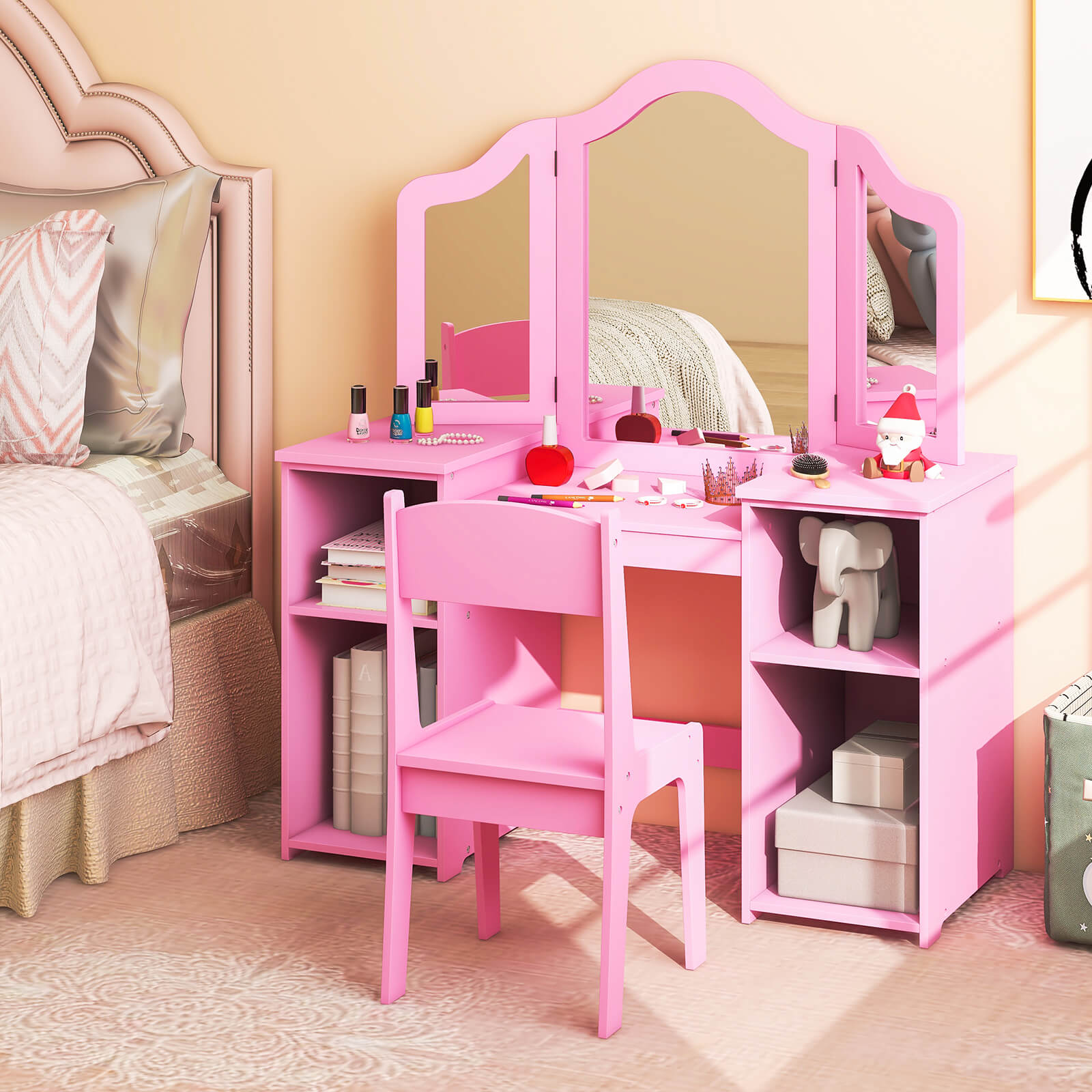 Kids Vanity Set with Tri-Folding Detachable Mirror-Pink