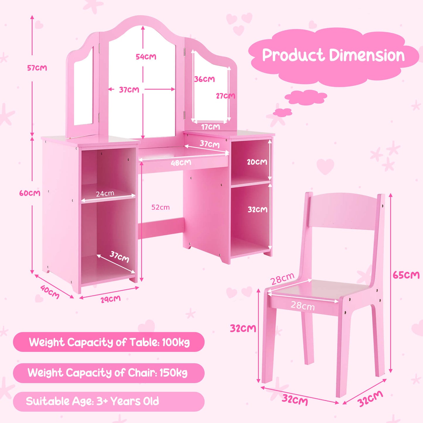 Kids Vanity Set with Tri-Folding Detachable Mirror-Pink